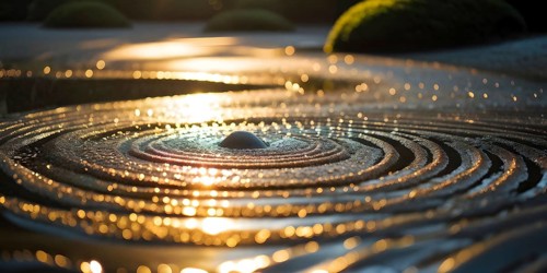Zen garden bathed in the soft glow of dawn as a serene symbol for relaxation, AI generated