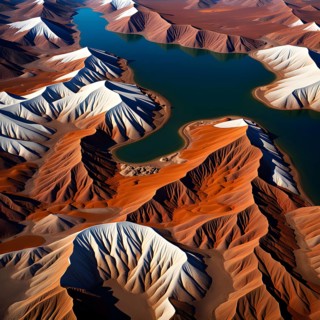 Aerial view perpendicular top down of an abstract colorful river along the coastline, AI generated