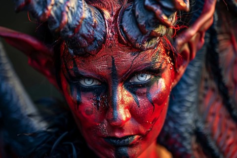 Woman's face with evil red devil Halloween makeup costume. Generative AI, AI generated