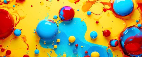 Abstract image with vibrant blue and red blobs and liquid shapes on a yellow background, AI