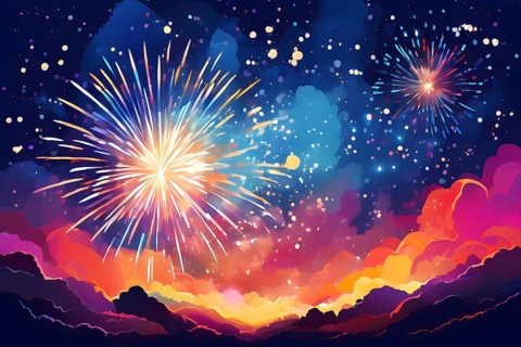 Wallpaper illustration of an explosion of vibrant fireworks colors in a night sky, symbol for happy