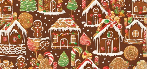 Abstract wallpaper illustration of of gingerbread house decoration, AI generated