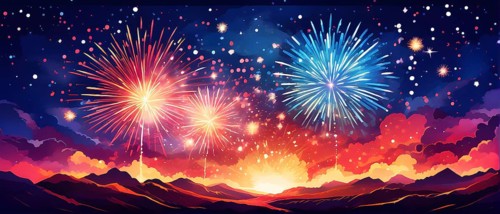 Wallpaper illustration of an explosion of vibrant fireworks colors in a night sky, symbol for happy