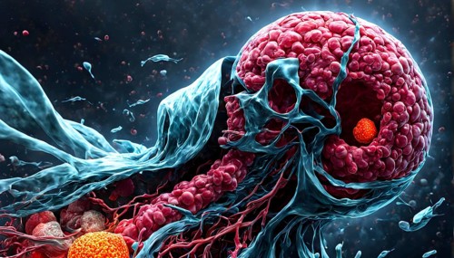 Three dimensional render of metastasis of cancerous tumor, AI generated