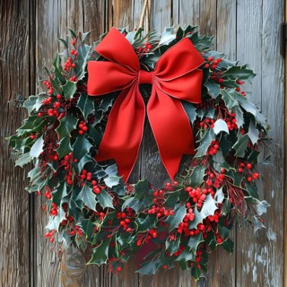 Classic holiday wreath with frosted holly leaves hanging on a rustic wooden door, AI generated