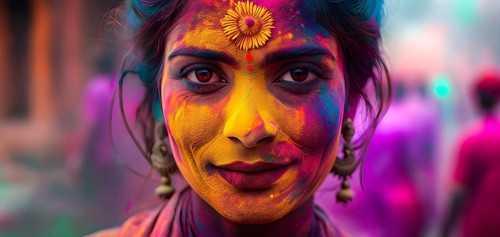 Indian woman colored face portrait during Holi Hindu festival, AI generated