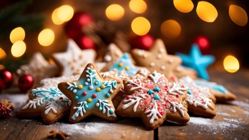 A detailed shot of Christmas cookies on a wooden table, featuring star-shaped cookies with colorful