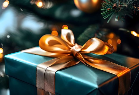 Close-up of a beautifully wrapped Christmas gift with a satin ribbon, set under a glowing Christmas