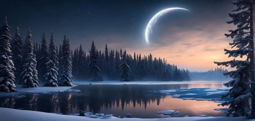 Tranquil winter night scene with a crescent moon and stars shining brightly over a frozen lake,