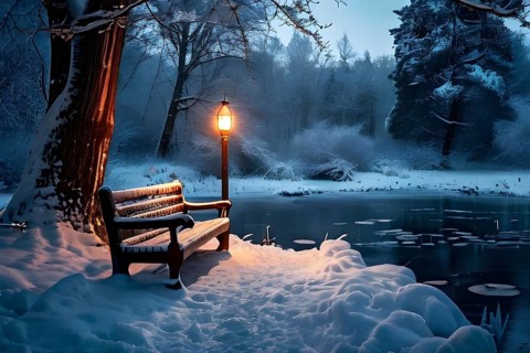 Frozen pond surrounded by snow-covered trees, with a wooden bench and lamppost nearby, softly