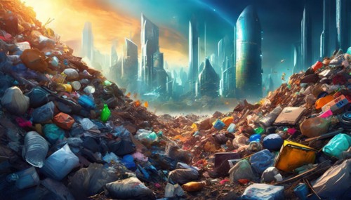 Symbolism, Futuristic, City suffocating in rubbish, AI-generated, AI-generated, AI generated