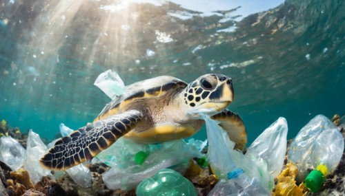 Symbolism, waste problem, plastic waste drifting in the sea and endangering animals, sea turtle,