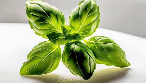 Food, herbs, a sprig of basil in front of a white surface, AI generated, AI generated