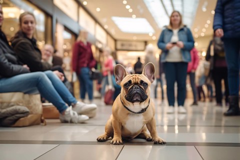 French Bulldog dog sitting in shopping mall full of people. KI generiert, generiert, AI generated