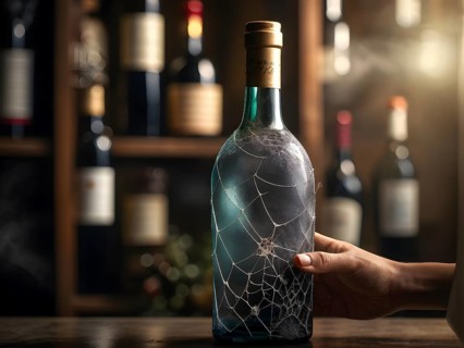 AI generated sommelier gripping a dust covered wine bottle with antiquated label