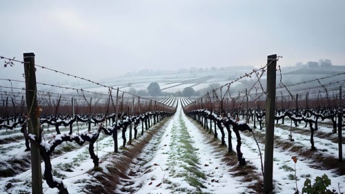 AI generated winter in the vineyard with snow blankets dormant vines and ambient light
