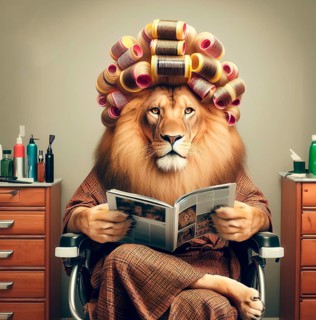A maned lion with curlers in its mane in the hairdressing salon, AI generated, AI generated