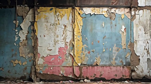Grunge ripped torn placard posters background in white, pink, blue and yellow colors, AI generated