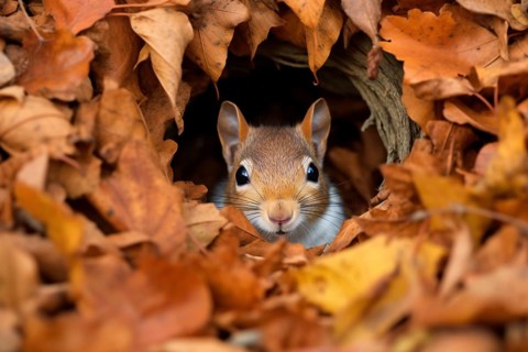 Cute brown squirrel hiding in nest surrounded by autumn leaves. KI generiert, generiert AI