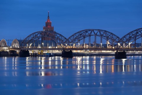 Academy of Sciences, Central Market, railway bridge over the Daugava, morning mood, blue hour,