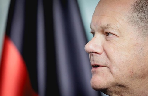Olaf Scholz, Federal Chancellor, speaks at a press conference during the visit of Denis Becirovic,