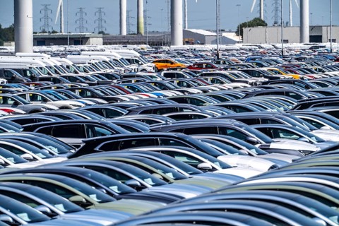 Storage area for new cars in the port of Vlissingen-Oost, vehicles are temporarily stored on over