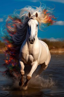 White horse with a flamboyant mane galloping in the water, AI generated