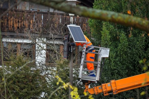 Dismantling of a solar speed display by the building yard, Eckental, Central Franconia, Bavaria,