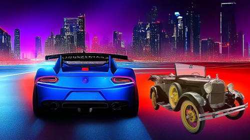 Symbolic image, automobile, comparison of classic and futuristic cars, progress, development,