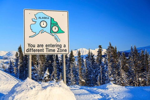 Sign, time zones, winter, snow, sunny, Haines Highway, Yukon, Canada, North America