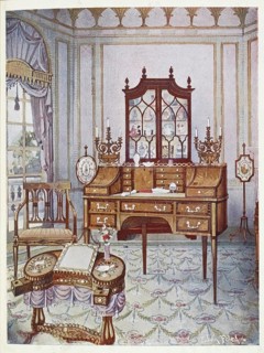 Furniture around the turn of the century 1900, Inlaid mahogany cylinder-fall china and book case,
