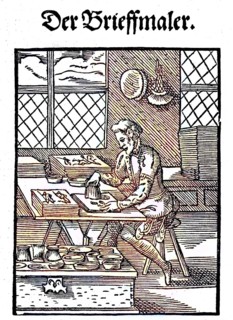 The title, Der Brieffmaler, the woodcut was created by Ammann, the verses are by Hans Sachs,