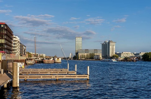 View from the Spree towards Treptow, Molekül Man and Twin Towers, Berlin, Germany, Europe