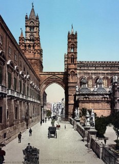 Via M. Bonello and the Cathedral of Palermo, Sicily, Italy, 1890, Historical, digitally restored