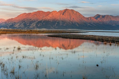 Morning light, mountains reflected in lake, autumn, wilderness, Kluane Lake, Kluane Mountains,
