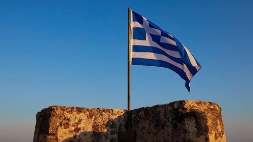Evening light, Corner tower, Greek national flag, Frangokastello, Venetian fortress, Zwingburg,