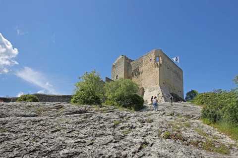 Castle on rocks and tourists, Vaison-la-Romaine, Vaucluse, Provence, France, Europe