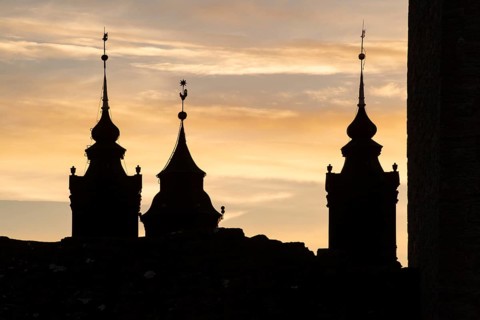 Tower silhouettes, Cathedral, Hanseatic City of Visby, UNESCO World Heritage Site, Gotland Island,