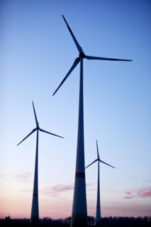 Wind turbines in front of sunrise, Wevelsburg wind farm, Büren, Paderborn plateau, North