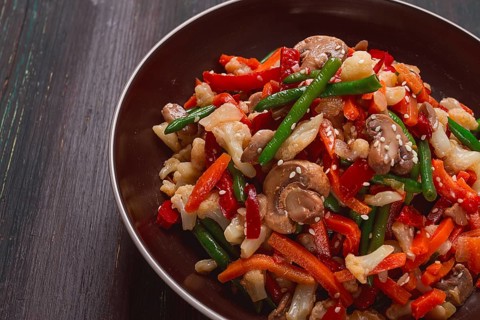 Wok, Asian-style vegetables, street food, mixed vegetables, no people, top view