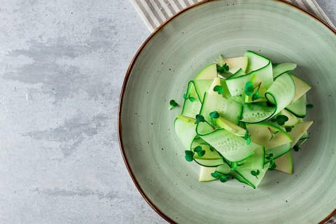 Spring, green salad, cucumber with apple, top view, close-up, no people, microselen radish, healthy