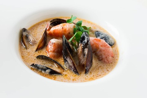Seafood, shrimp and mussels, in creamy garlic sauce, homemade, no people