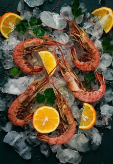 Tiger prawns, boiled and frozen, on ice, top view, close-up, no people