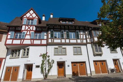 Historic street Fronhof, Stein am Rhein, half-timbered house, house names, shutters, cobblestones,
