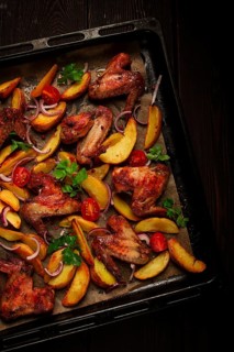 Fried chicken wings, with potatoes, and spices, homemade, fast food, no people
