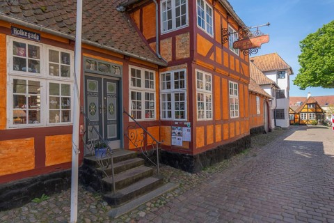 Fåborg, Faaborg, picturesque old town with colourful houses, Den gamle Gaard, the old courtyard,