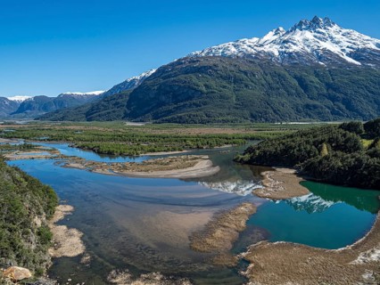 The widely branching arms of river Rio Ibanez, near Villa Cerro Castillo, reflections on the water,