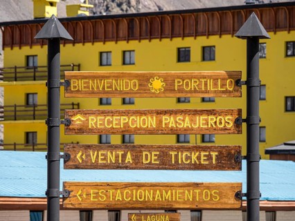 Information sign at ski resort Portillo, at Paso de la Cumbre, Chile, South America