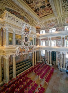 Coat of arms and portrait on the princely gallery, ceiling design, baroque church, baroque castle