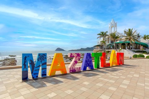 Mazatlan, Mexico-10 March, 2020: Big Mazatlan Letters at the entrance to Golden Zone (Zona Dorada),